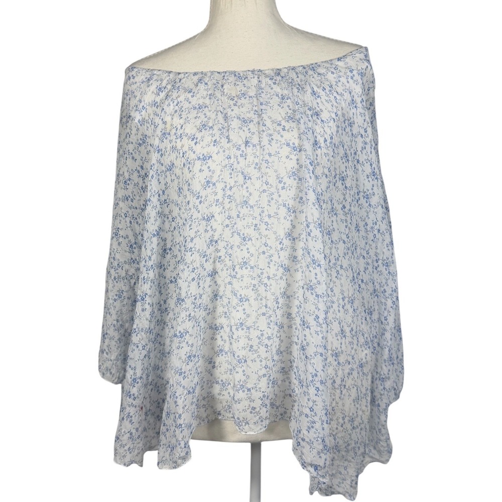 Marina Gigli Blouse Womens Small Blue Floral Silk Off Shoulder Made In Italy - Picture 2 of 11